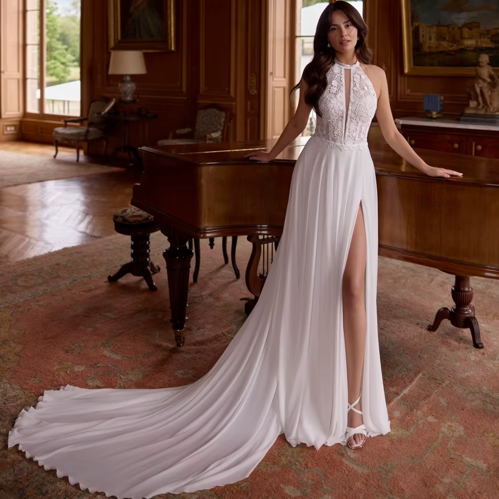 Robe de mariée col licou personnalisée, sans manches, en dentelle bohème, fente haute, dos ouvert, t