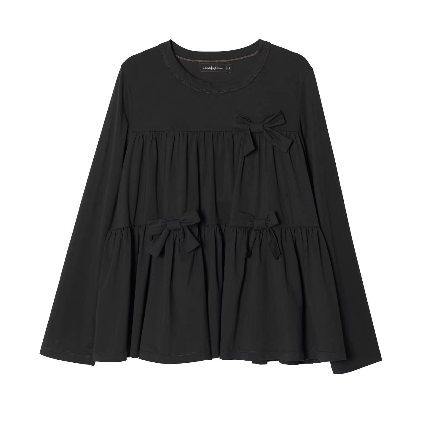 T-shirt noir à manches longues avec détails nœud, design à volants superposés, décontracté pour le q