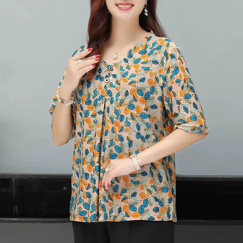 Chemisier boutonné à col rond pour femmes, vêtements vintage, imprimé floral, demi-manches, plis élé
