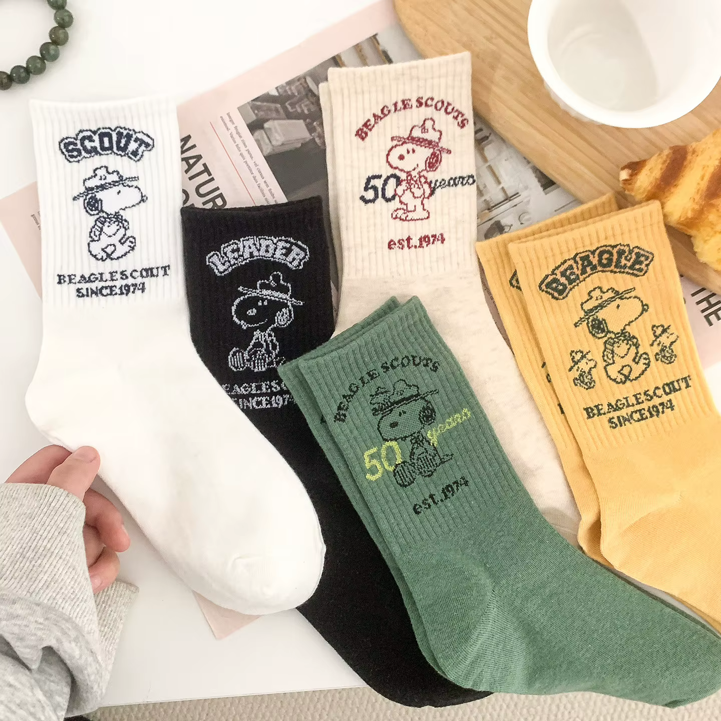 5 paires de chaussettes Snoopy de qualité supérieure, chaussettes de sport en coton pour l'automne e