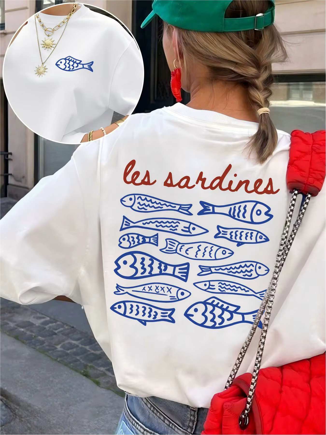 T-shirt graphique vintage Les Sardines pour femme, imprimé poisson double face, esthétique française