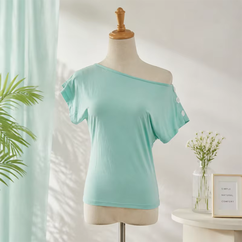 T-shirt asymétrique à une épaule pour femme, avec boutons décoratifs sur le côté, manches courtes, v