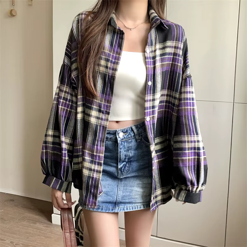 Chemise à carreaux violette pour femmes, chemisier à manches longues, simple boutonnage, haut décont