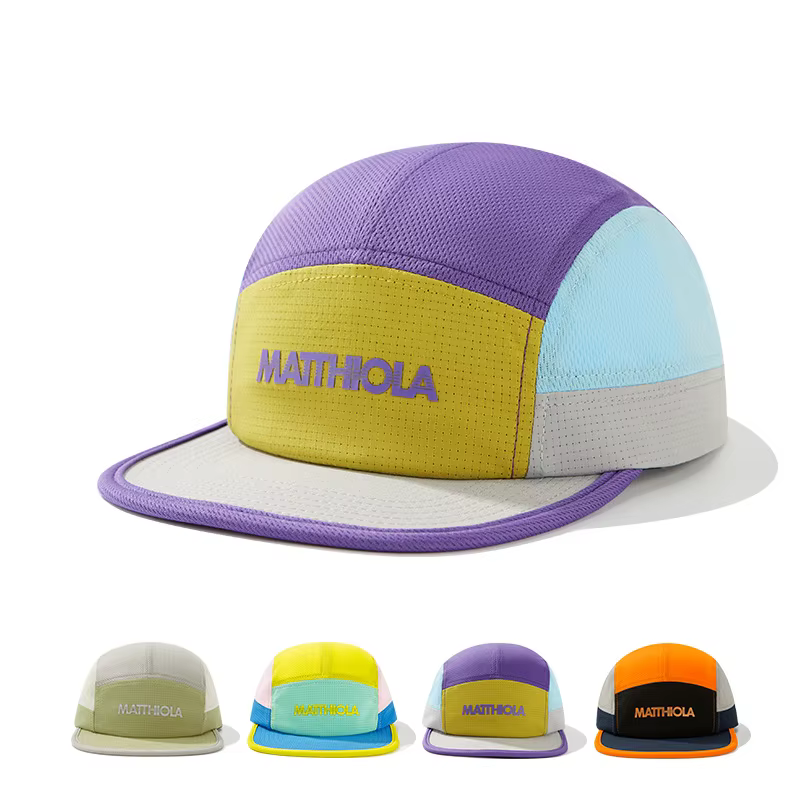Casquette de baseball 5 panneaux color block pour hommes et femmes, en nylon imperméable avec motif