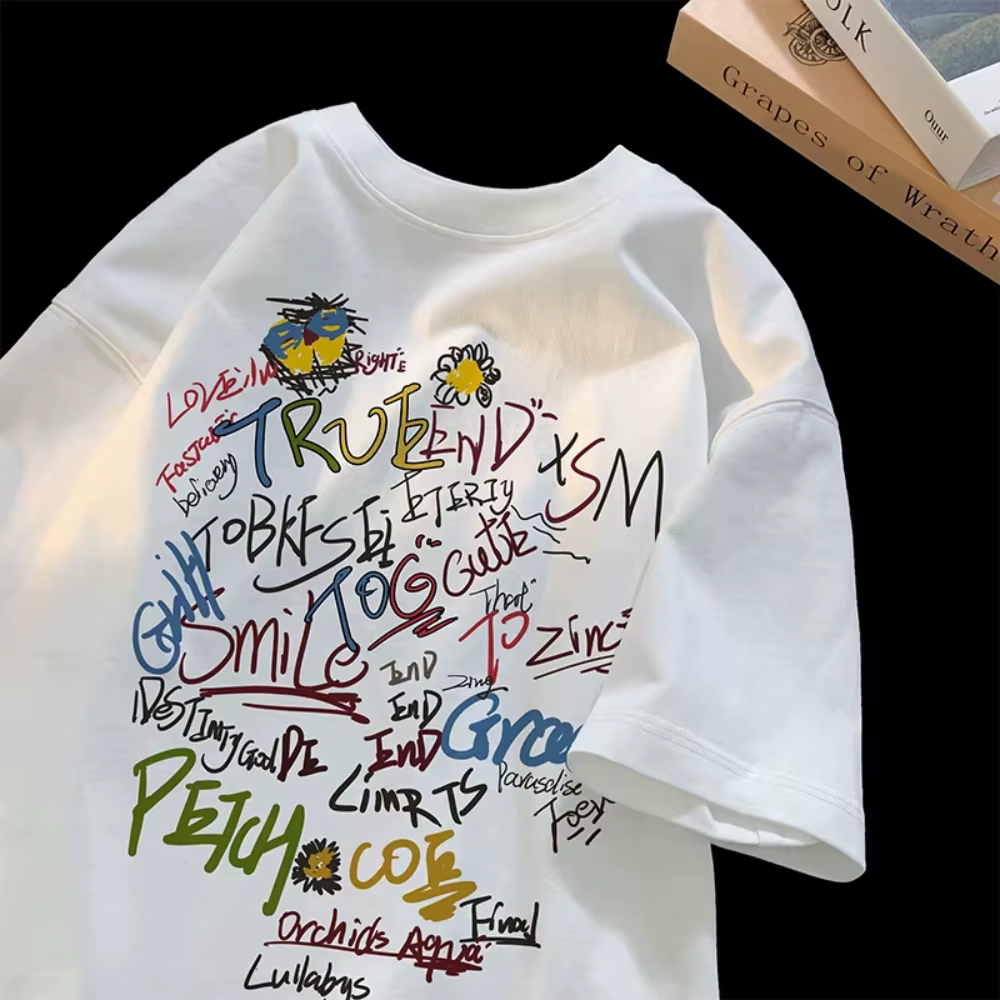 T-shirt à manches courtes en pur coton pour hommes, imprimé graphique, décontracté, polyvalent, à la