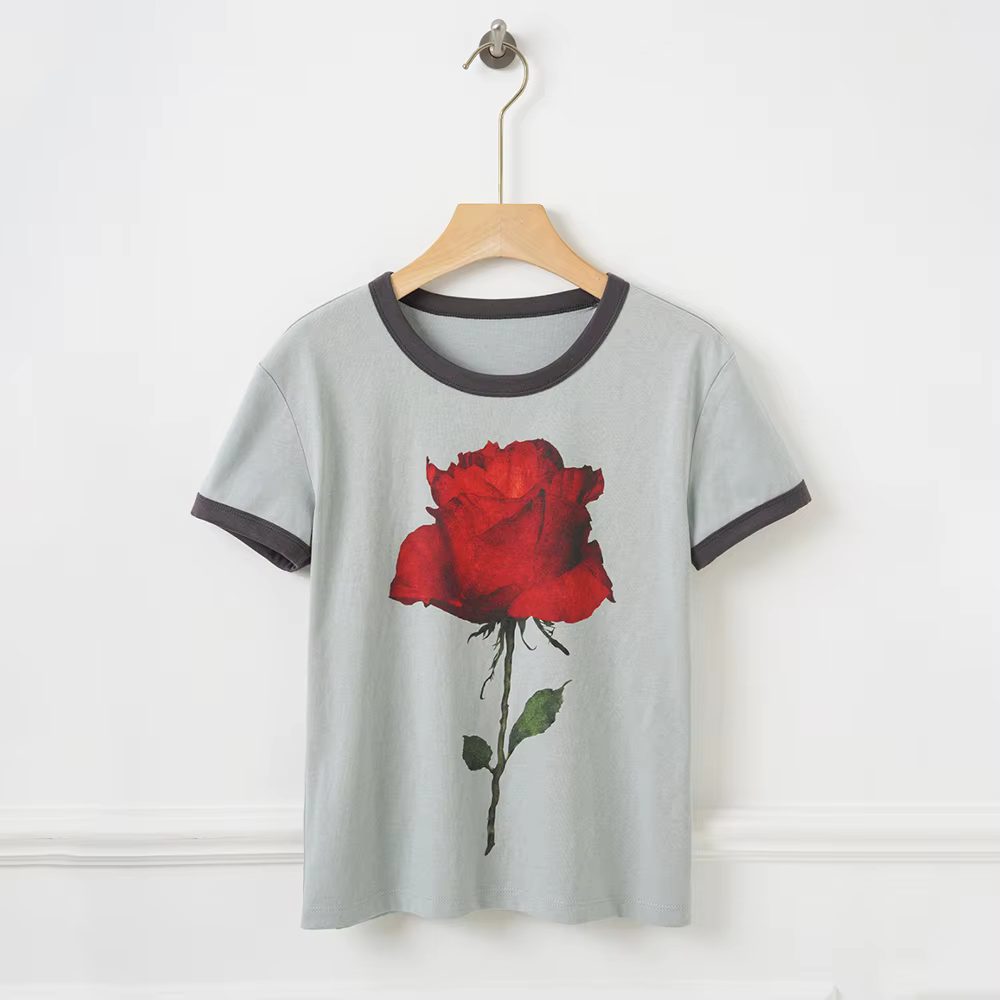 T-shirt Ringer Vintage à Imprimé Rose pour Femme, Décontracté, en Mélange de Coton, Manches Courtes,