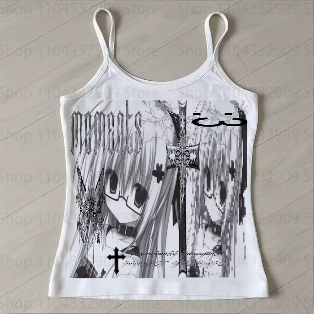 Crop tops à bretelles pour femmes, style Harajuku Y2K, esthétique punk gothique, sans manches, impri