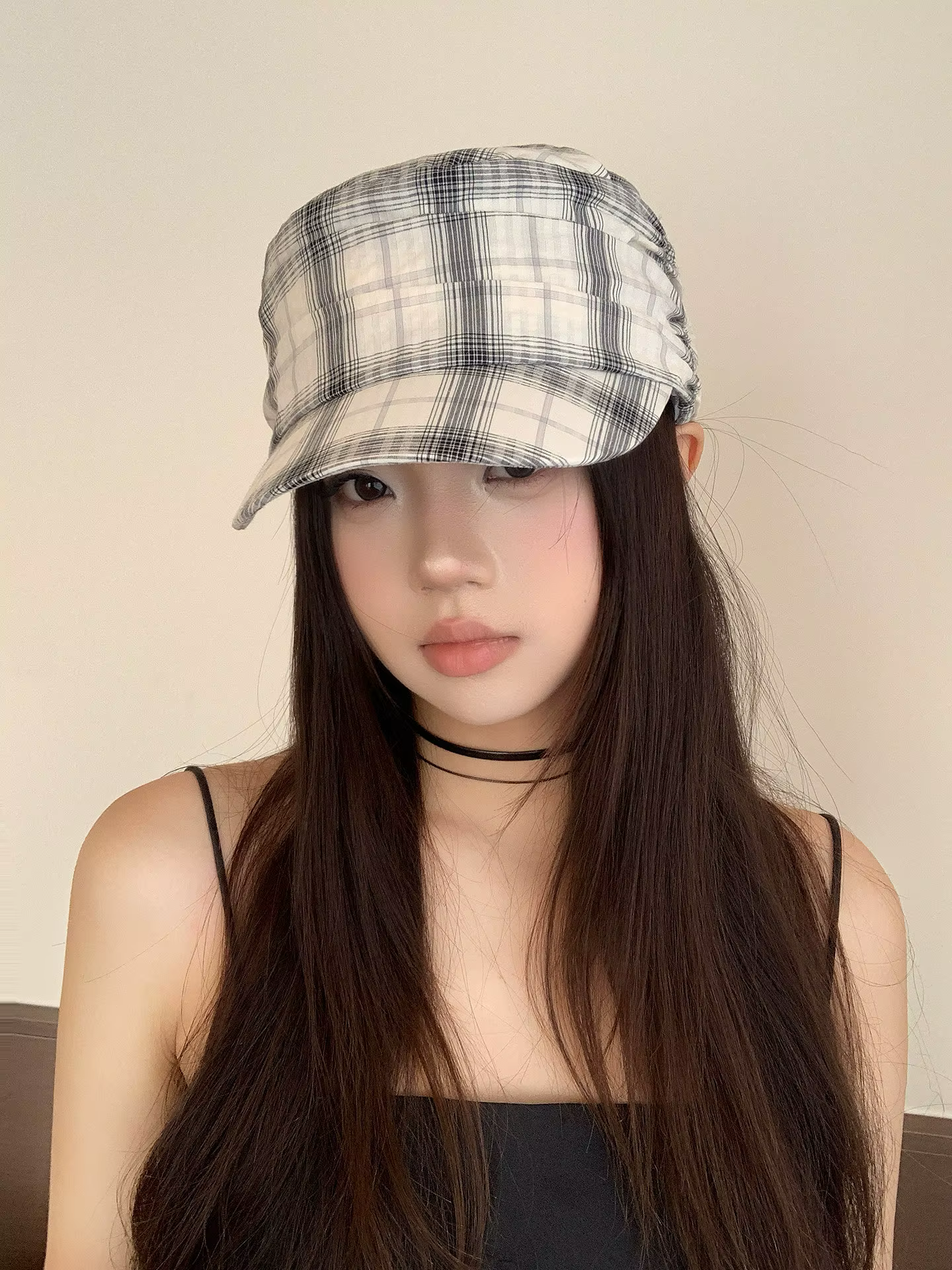 Casquette plissée à carreaux vintage pour femme, chapeau à calotte plate printemps-été, casquettes m