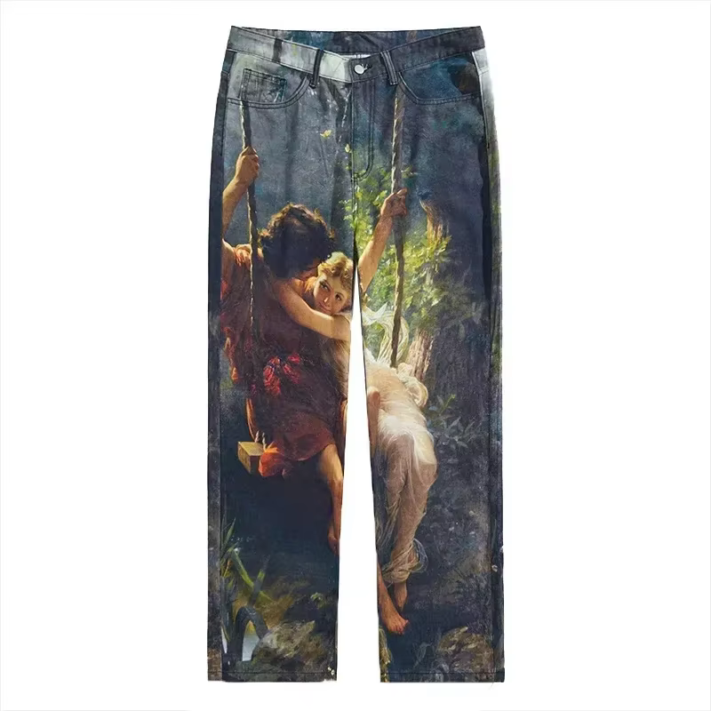 Motif numérique 3D à la mode pour hommes de rue européenne et américaine imprimé, jeans à jambes dro