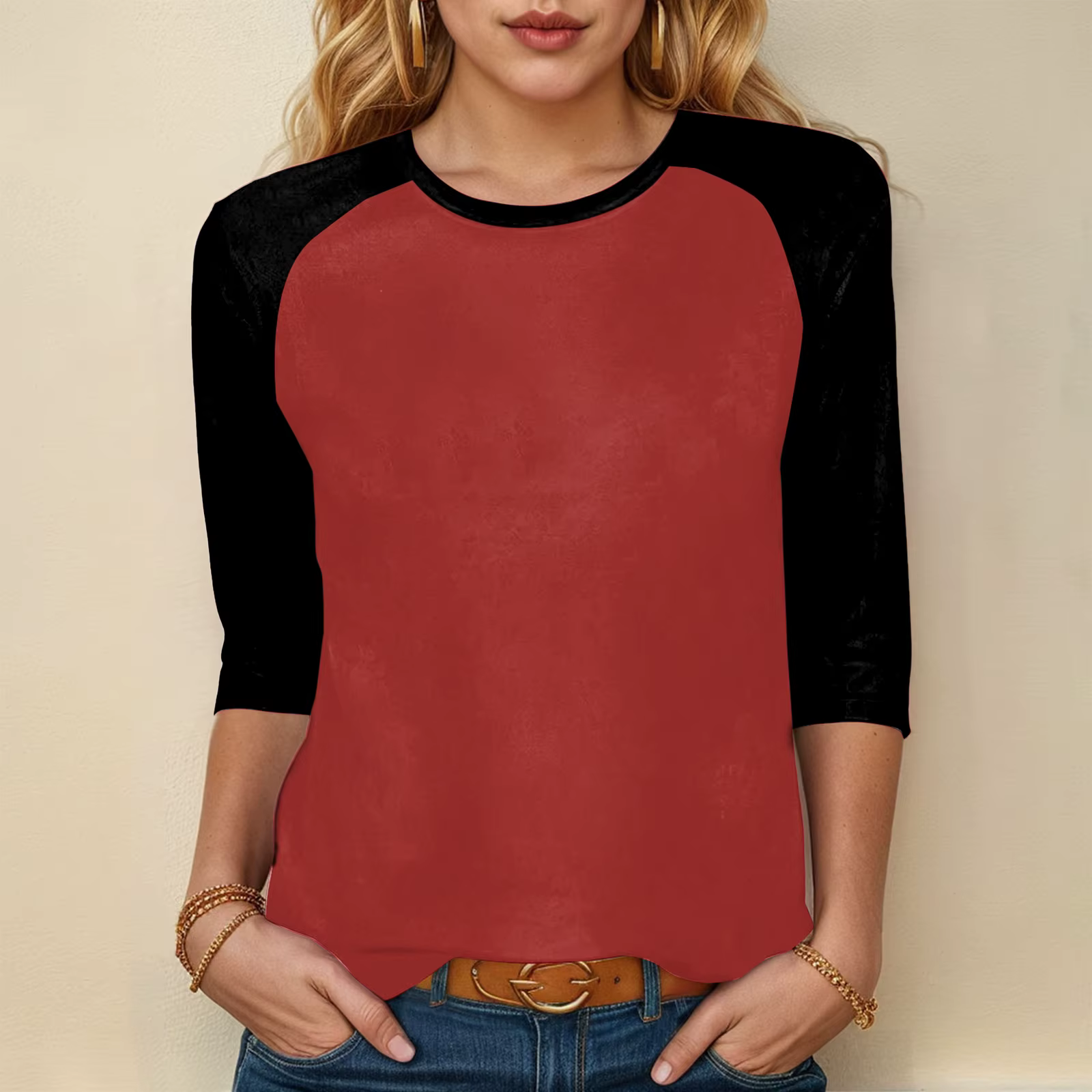 3/4 manches t-shirt femmes mode couleur blocage manches Raglan T-Shirts décontracté col rond Patchwo
