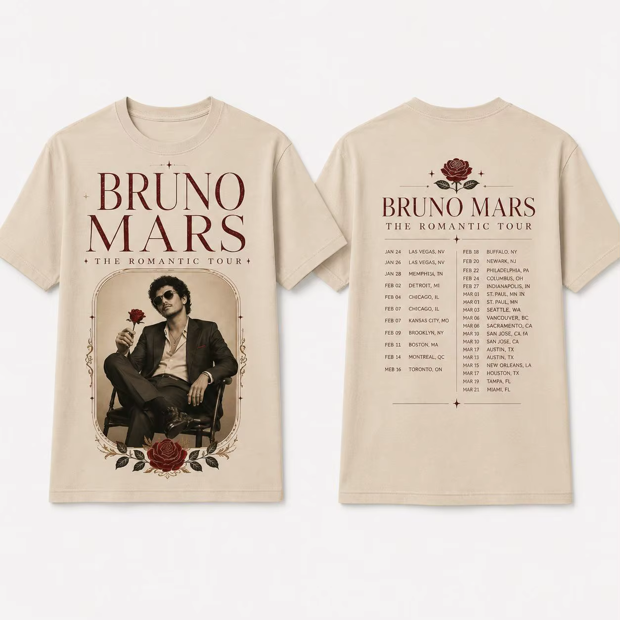 Bruno Mars The Romantic Tour T-shirt pour hommes et femmes, vêtements d'été en coton Y2K, surdimensi