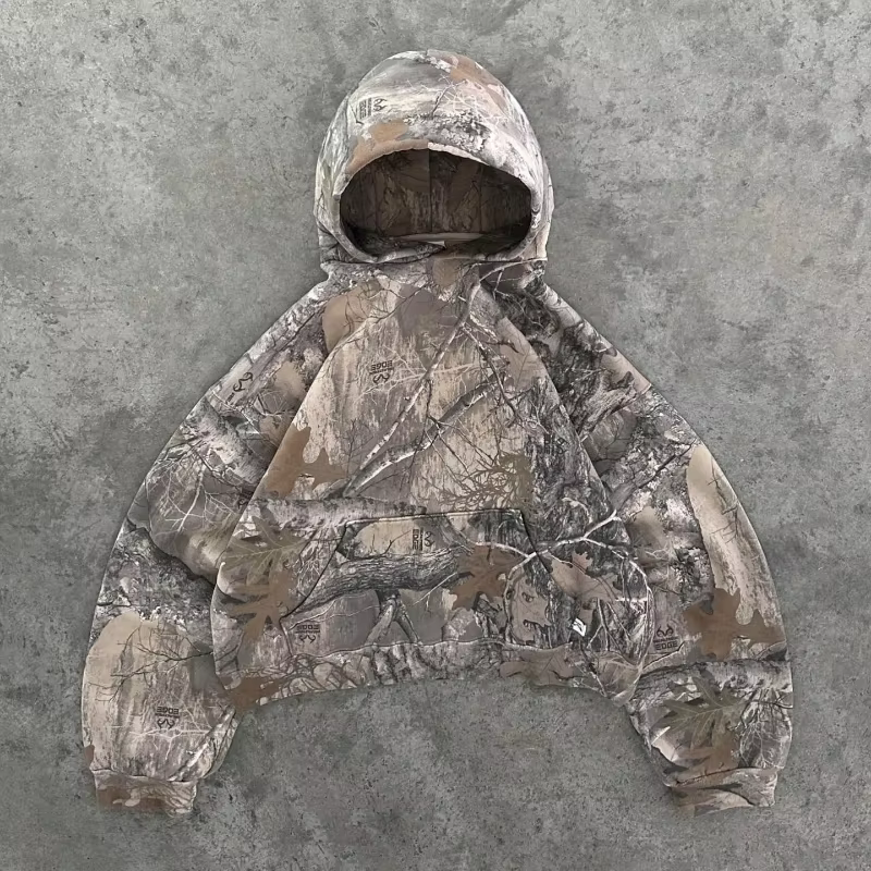 Sweat-shirt à capuche rétro Y2K pour homme, motif camouflage, fermeture éclair, style streetwear hip