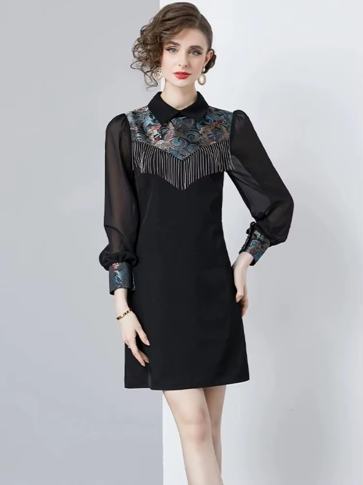 Élégant rétro glands fleur broderie robes femme en mousseline de soie à manches longues Patchwork a-