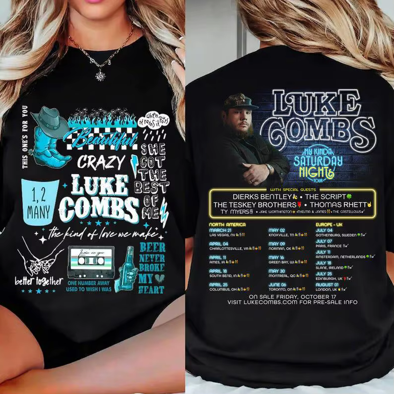 T-shirt Luke Combs My Kinda Saturday Night Tour pour hommes et femmes, vêtements d'été en coton, mod