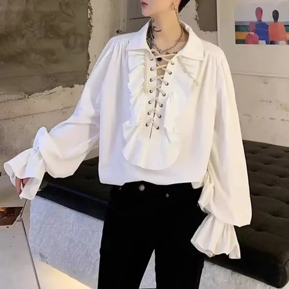 Chemise à manches longues à volants pour hommes, sans sexe, élégant, Style palais rétro médiéval, vê