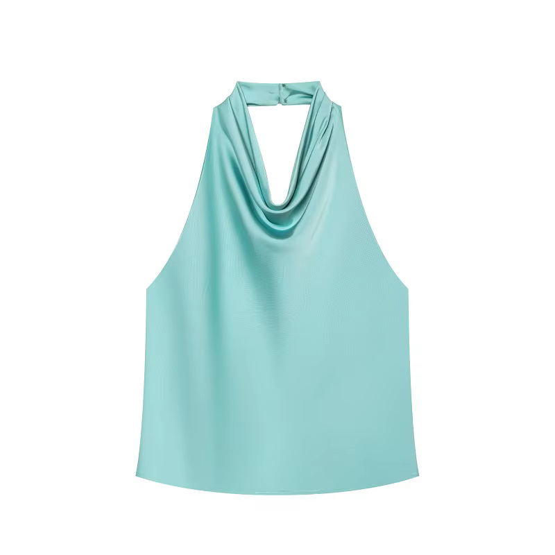 Hauts Halter Femme 2026 – Top Dos Nu en Satin Noir, Camisole Rose Été Plage pour Femme, Haut Épaules