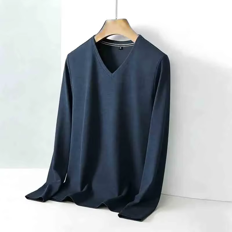 T-shirt basique pour homme, gris clair, col en V, manches longues, tissu texturé, haut décontracté p