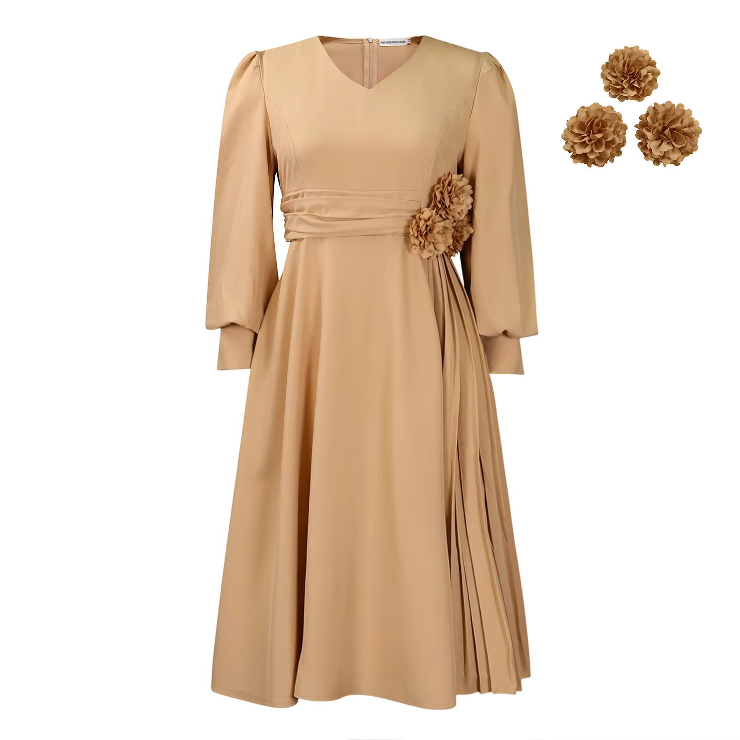 Robe mi-longue rose élégante personnalisable pour femme, coupe trapèze ample, col en V, motif floral