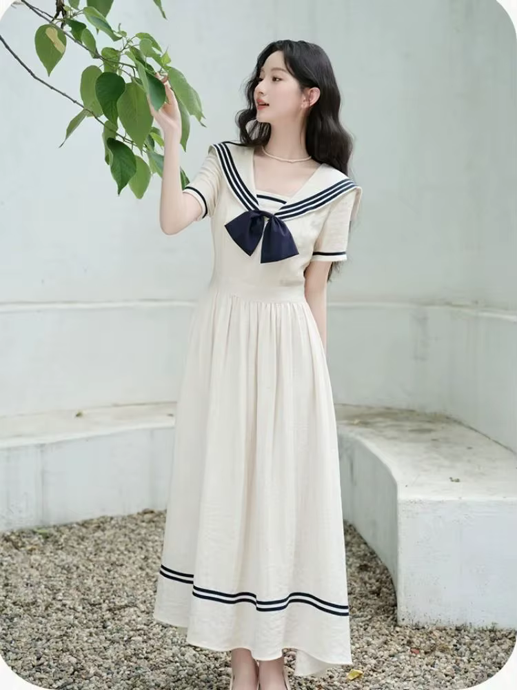 Style Preppy femmes robe douce col marin nœud robes Vintage pour mince dame Mori fille robes longues