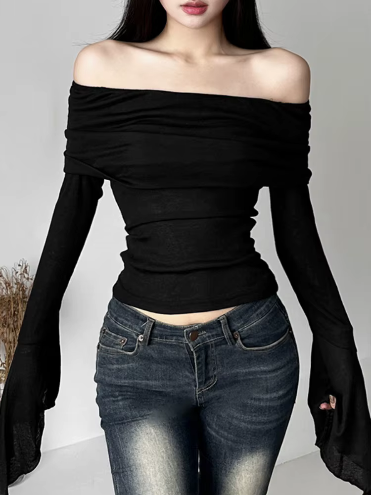 T-shirt à épaules dénudées pour femmes, Streetwear à manches longues, haut Y2k, Sexy, Slim Fit, vête