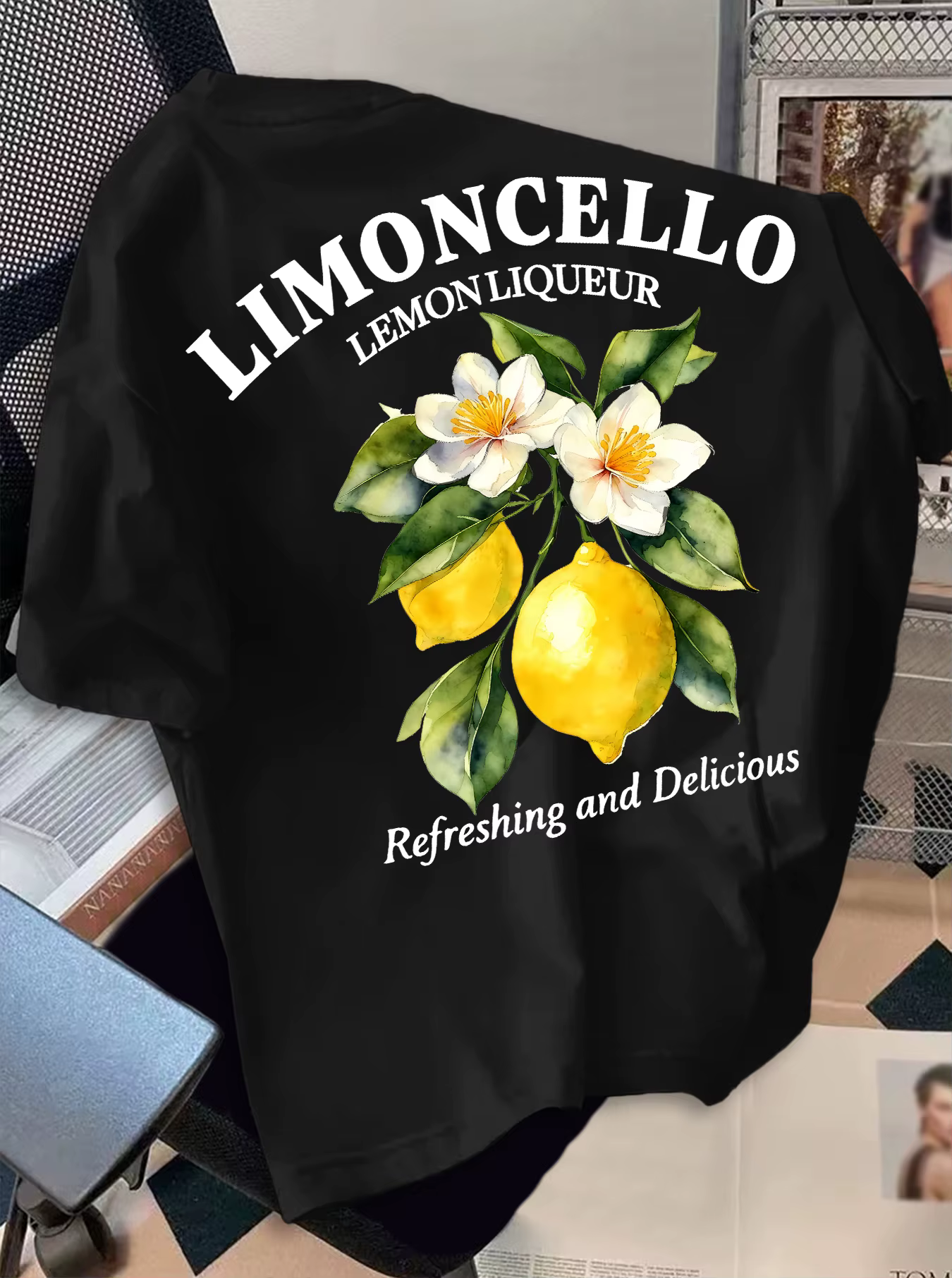 T-shirt pour homme style rétro, imprimé Limoncello, col rond, manches courtes, polyester, avec texte