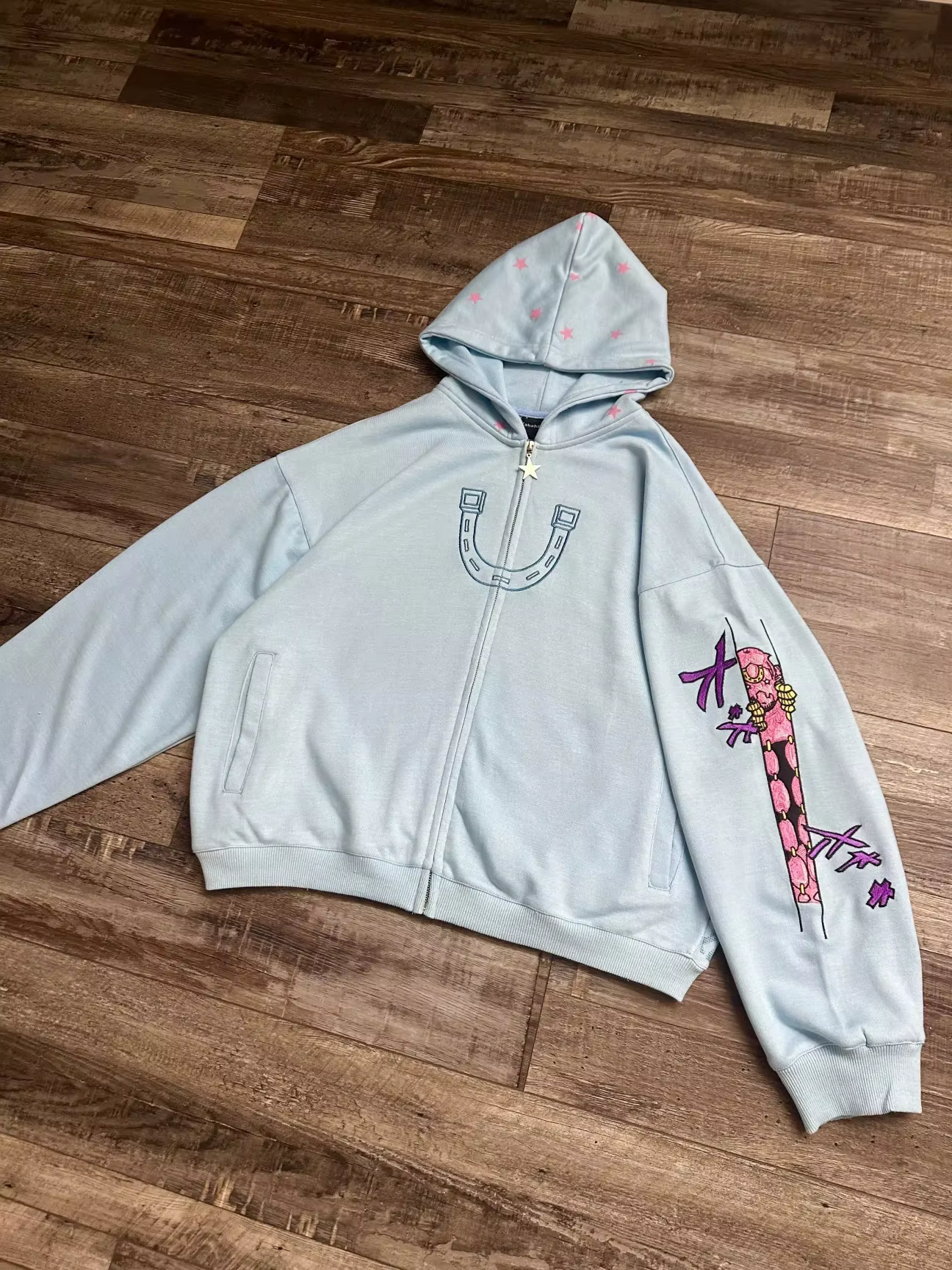 Sweat-shirt à capuche zippé Y2K Anime JoJo Shahzad, style Joestar, bleu clair, imprimé étoile et den