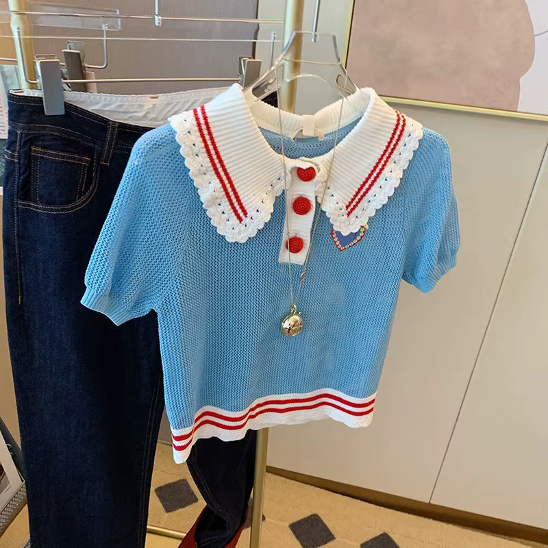 Pull tricoté à manches courtes et col de poupée pour femme, haut court tricoté, Style français, nouv