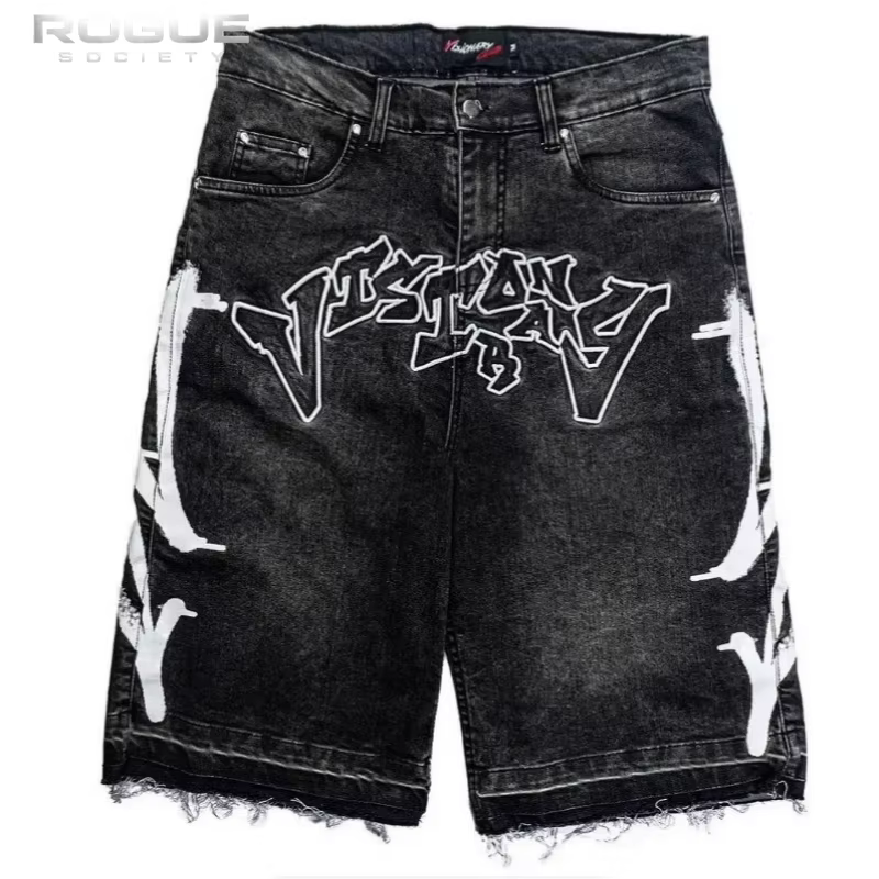 Shorts en jean délavé bleu rétro pour homme, style Y2K, avec ourlet effiloché, motif graffiti, stree