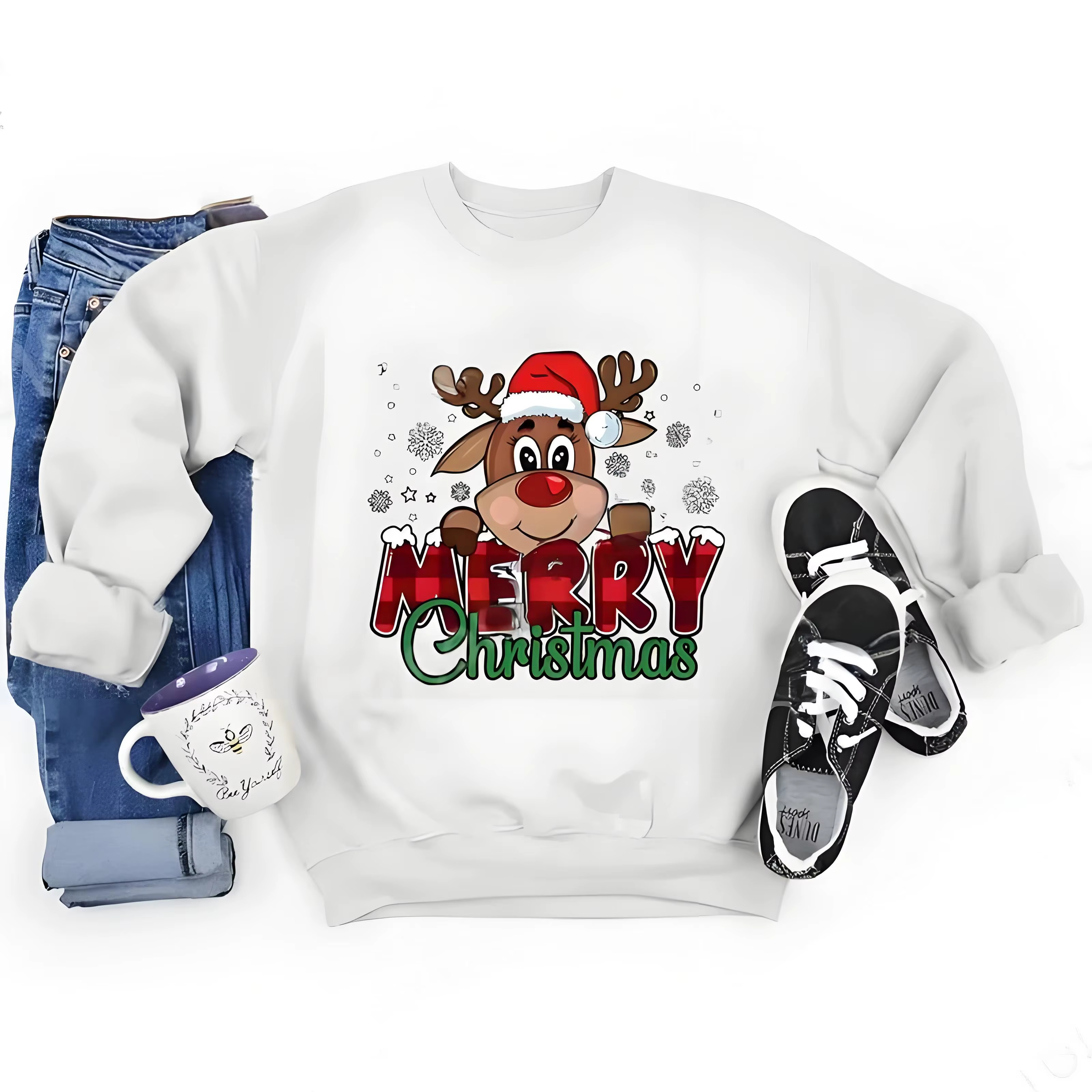 Sweat-shirt festif de noël pour femmes, graphique de renne et à carreaux, coupe ample, manches longu