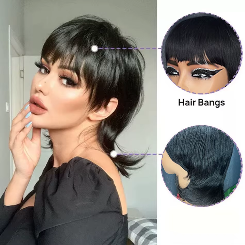 Perruque mulet superposée noire, coupe Pixie avec frange, cheveux humains brésiliens bouclés, sans c