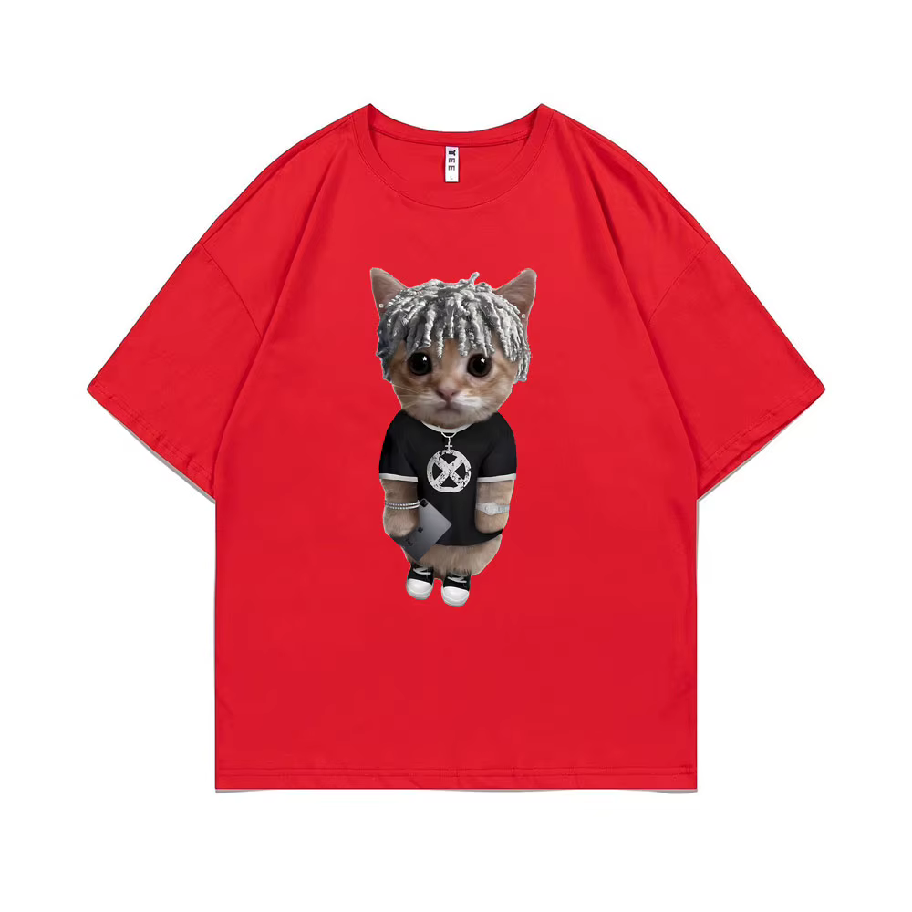 T-Shirt à Manches Courtes en Coton pour Homme, Rare Ken Carson Kitty Imprimé, Régulier, Hip Hop, Mod