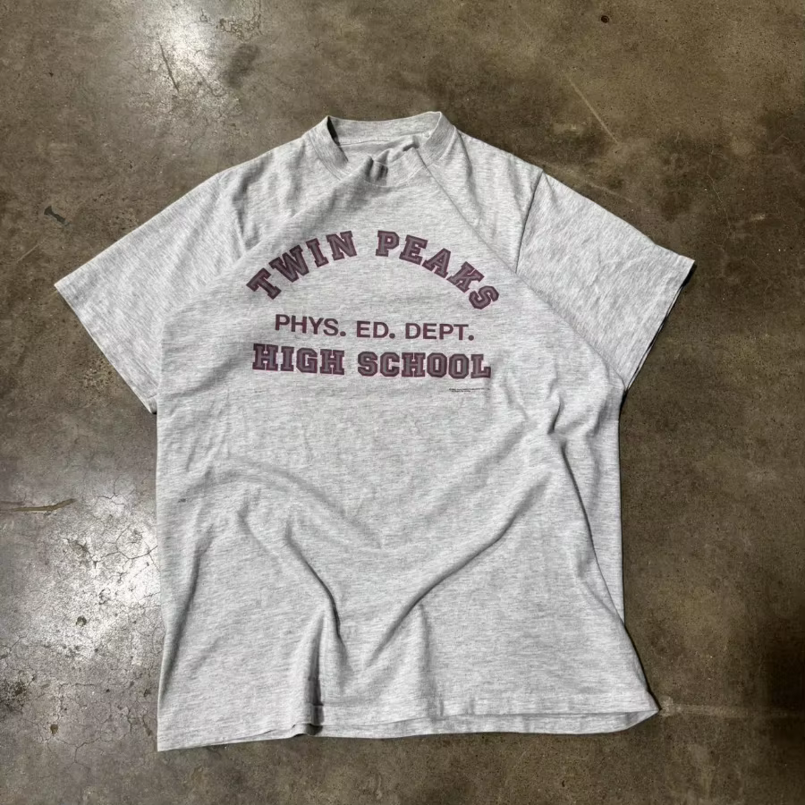 T-shirt gris sport avec logo Twin Peaks des années 90, t-shirt en coton épais, t-shirt à manches cou