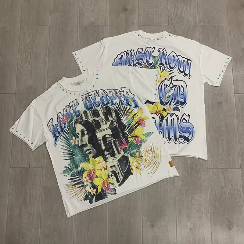 T-shirt coloré avec strass FIRST ROW pour hommes et femmes, imprimé numérique graphique, coton de qu