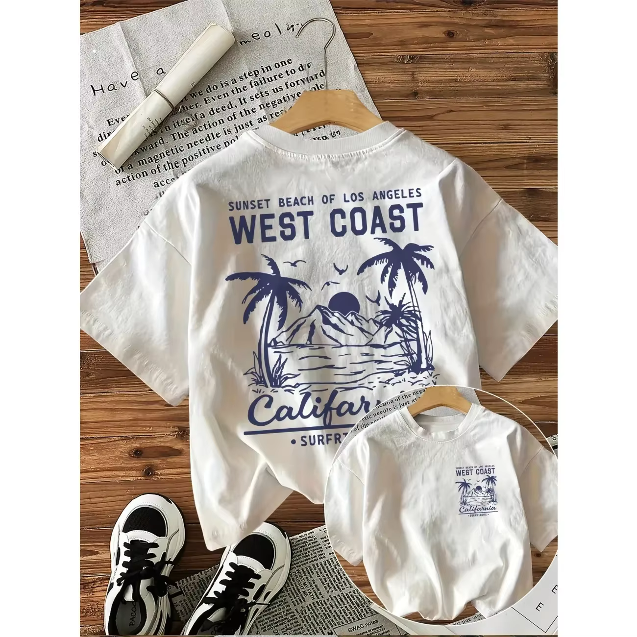 Côte ouest impression graphique avec palmiers t-shirt à manches courtes femmes t-shirt vêtements fem