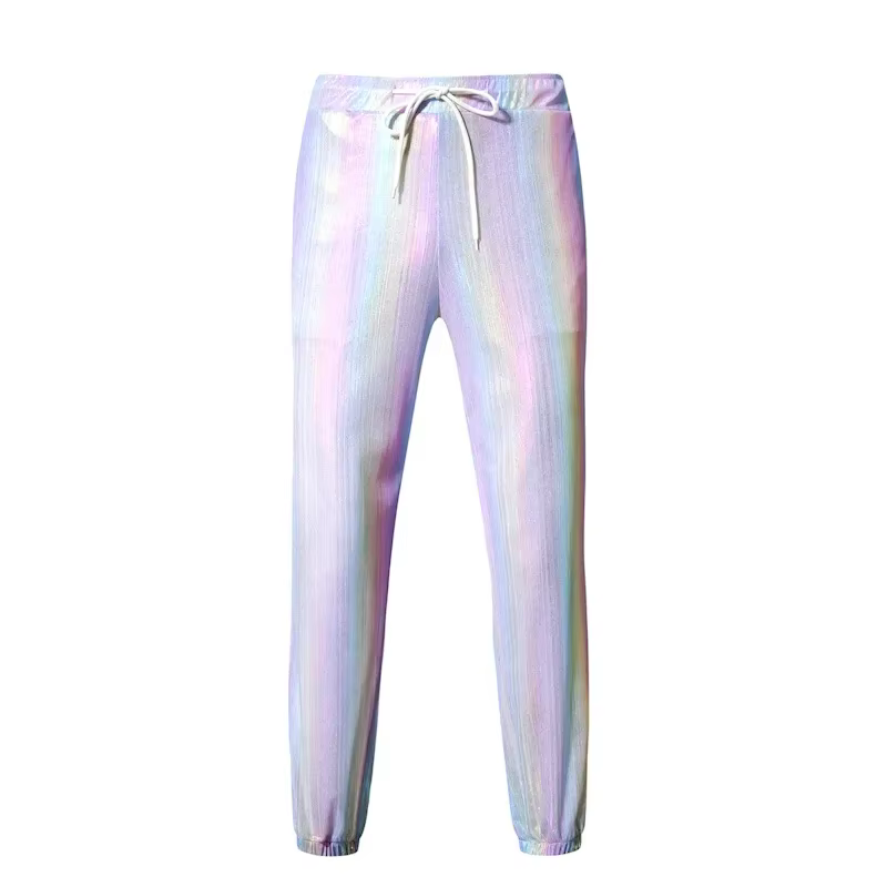 Pantalon de jogging tendance à rayures arc-en-ciel pour hommes, style hip-hop décontracté, avec cord