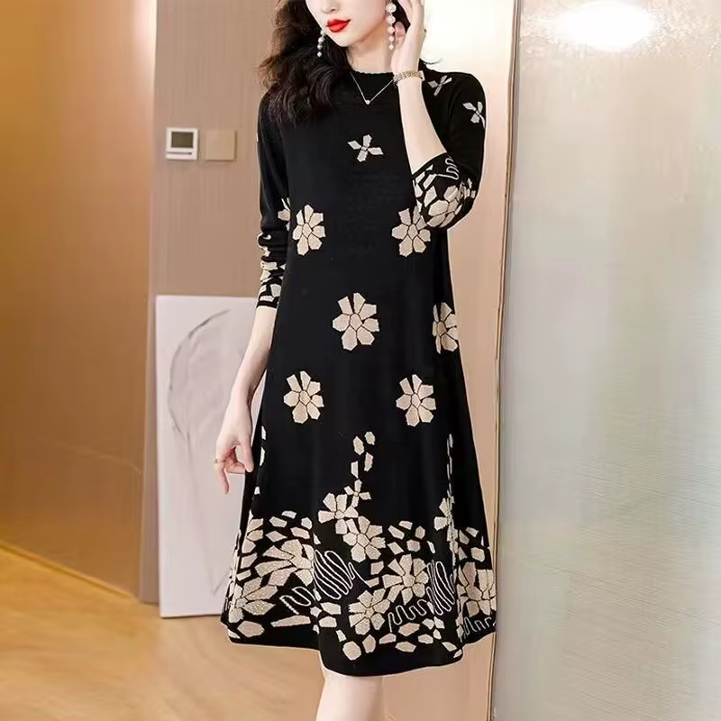 Robe mi-longue imprimée à fleurs vintage pour femmes, robes à col mi-haut, vêtements décontractés, m