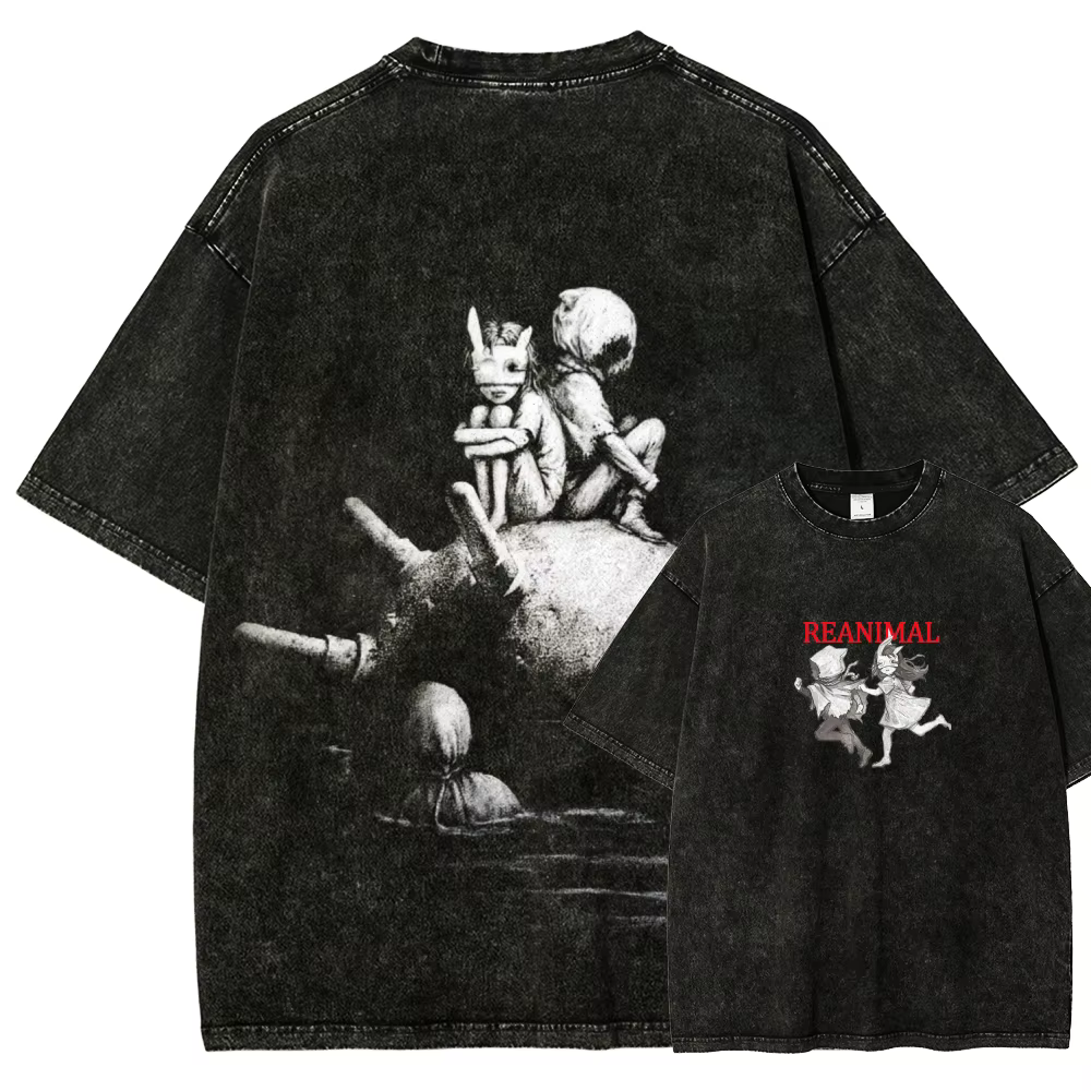 T-shirt délavé REANIMAL pour les amateurs d'anime, vêtements de caractère pour toute l'année, grande