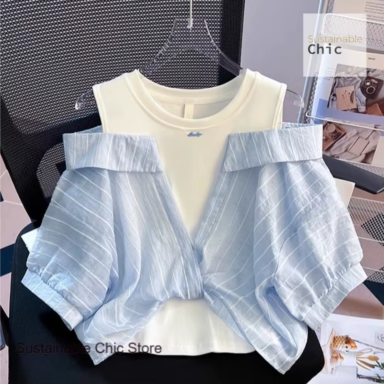 Mode française hors-la-épaule design couture faux deux nouvelles chemises à manches courtes été ampl