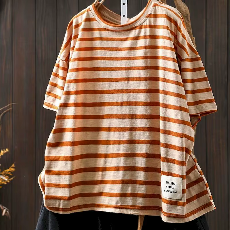 T-shirts en coton pour femmes, tendance estivale, hauts amples à manches courtes, design rayé, aminc