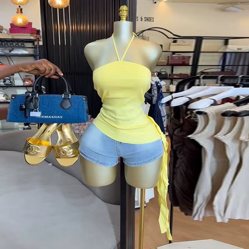 Chemise pour femmes, col licou, taille bandeau, ourlet irrégulier, T-shirt, bretelles de style plage