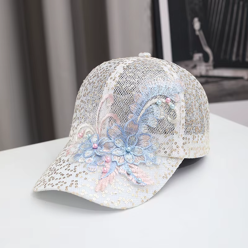 Casquette de baseball en maille pour femme, broderie florale, paillettes, perles, respirante, chapea