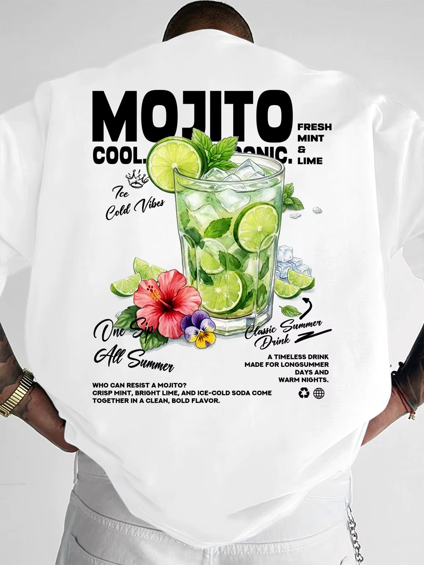 T-shirt pour homme en coton 100% doux de qualité supérieure avec imprimé floral Mojito Cocktail, par