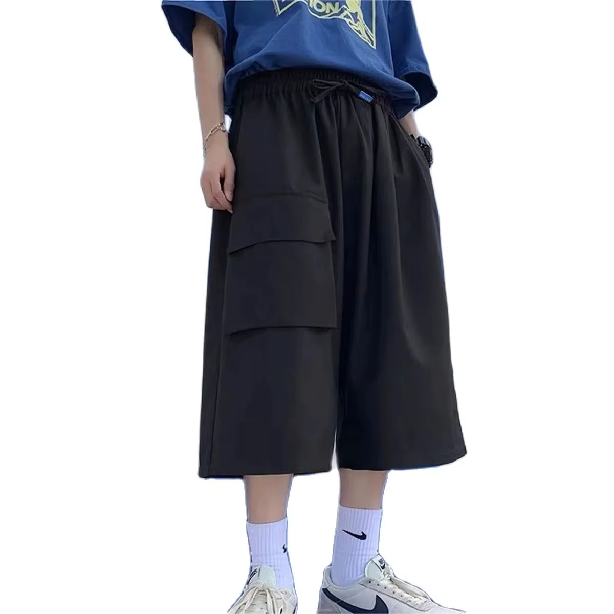 Shorts cargo hip-hop noirs tendance pour homme – Coupe slim décontractée, style urbain branché, idéa