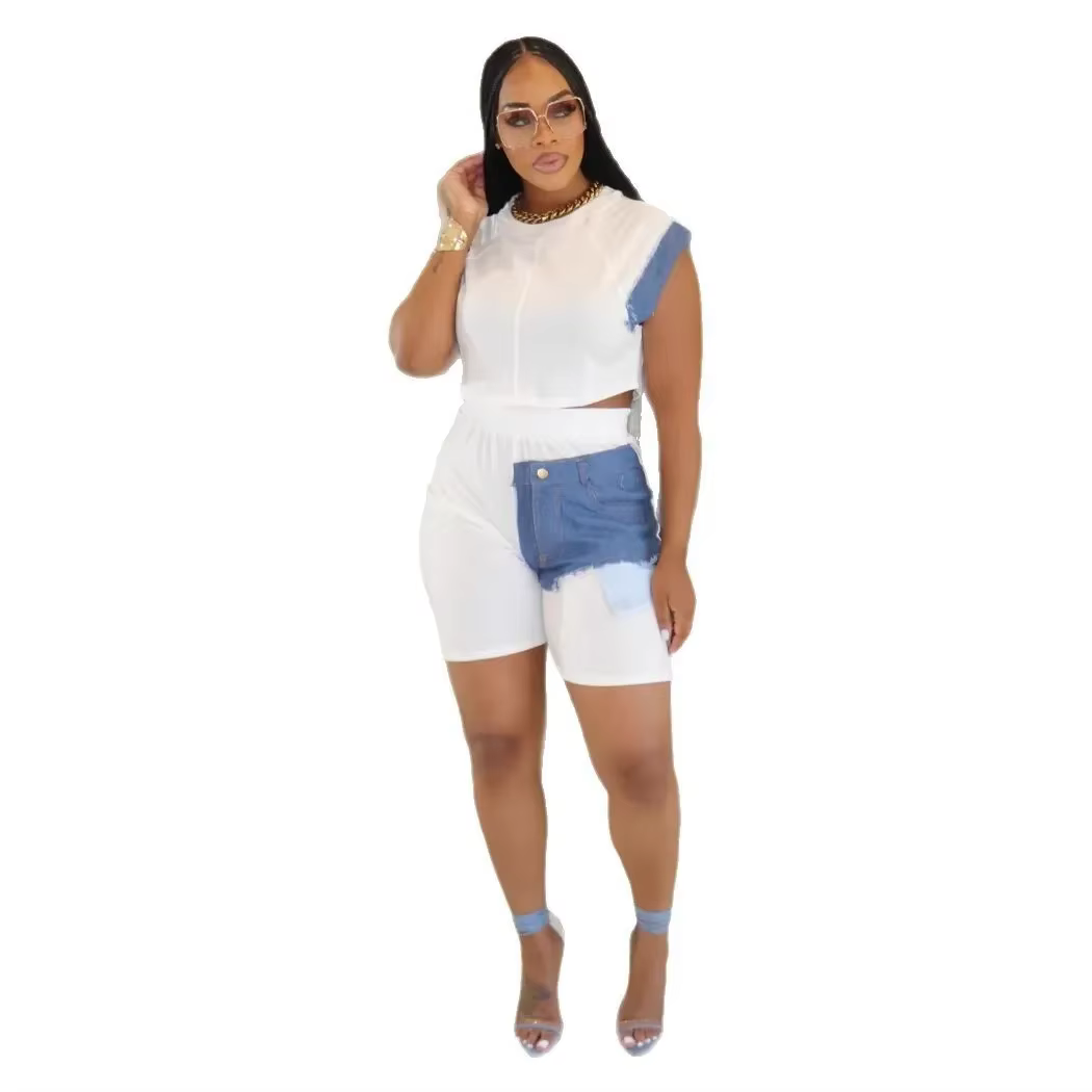 Ensemble deux pièces en Denim pour femmes, Short et pantalon, ensemble assorti, hauts sans manche, p