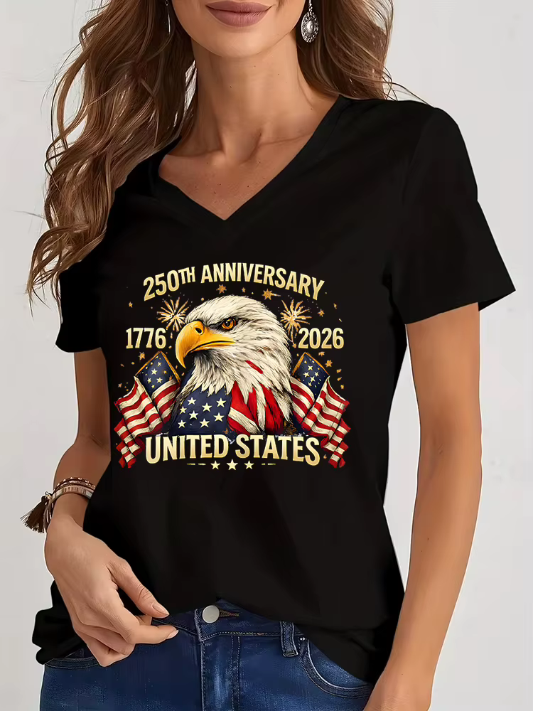 T-shirts à col en V pour femmes, 1776-2026, T-shirt du 250e anniversaire des États-Unis, design du d