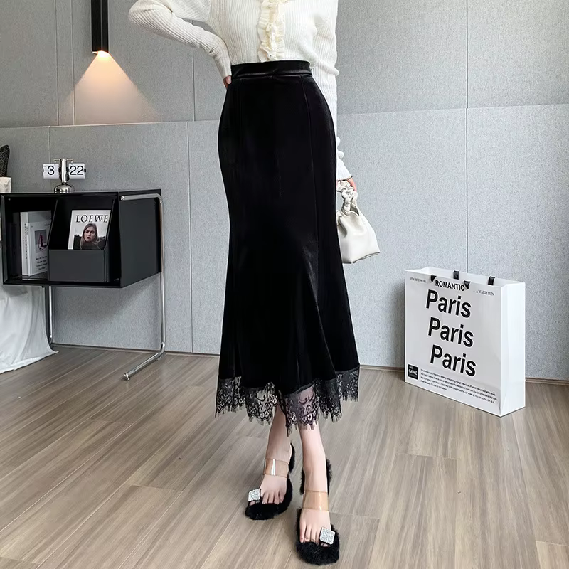 Jupe mi-longue en velours pour femmes, automne 2025, avec pull, dentelle, Patchwork, moulante, fente