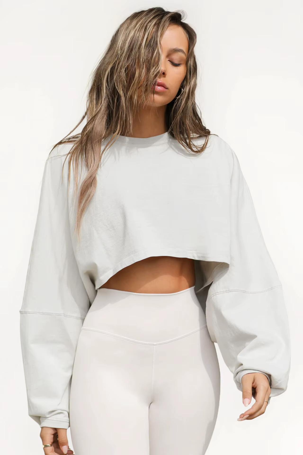 Crop neck hoodie short sports base shirt T-shirt knit shirt long sleeve top for women