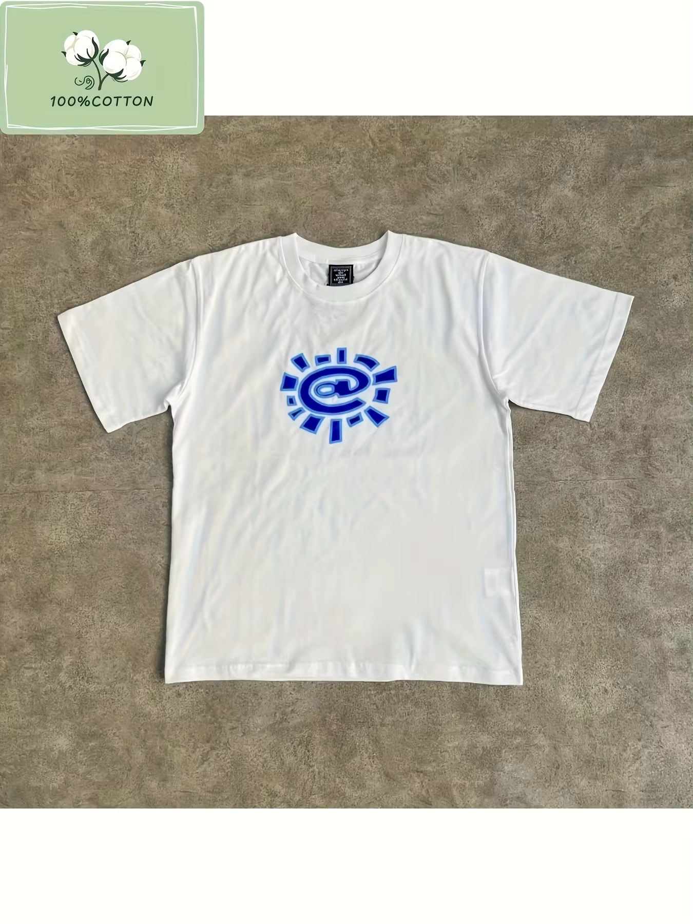 T-shirt en coton pur épais - Motif blanc et bleu, chemise décontractée, coupe ample, style streetwea