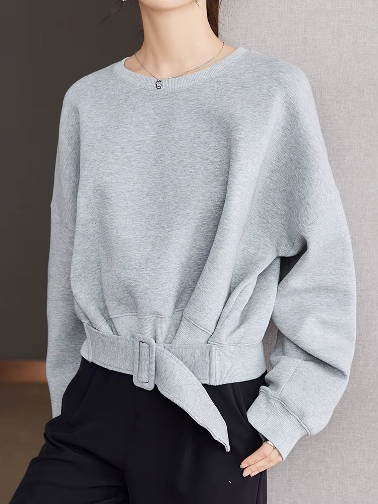 Hauts courts sweat-shirts courts automne hiver femmes plaine à manches longues ceinture taille ample