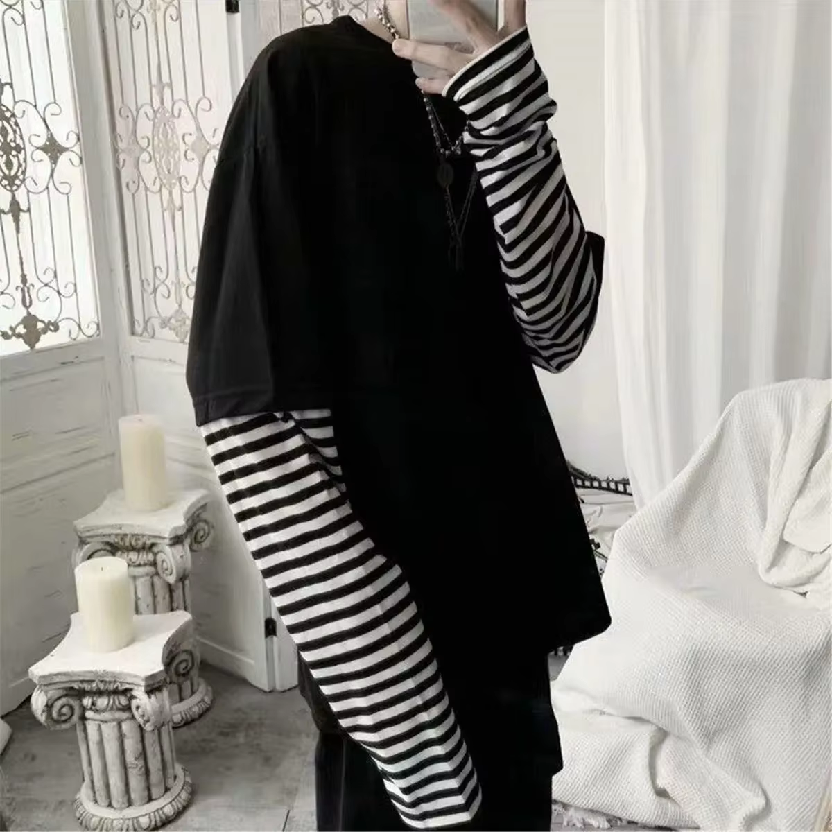 T-shirt patchwork rayé noir pour homme, coupe oversize, hauts pour femme, manches longues unies, T-s
